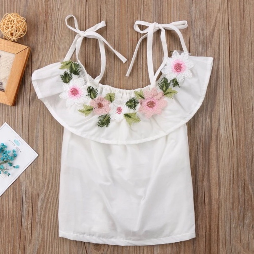 Girls White Floral Wide Neck Linen Spring Top